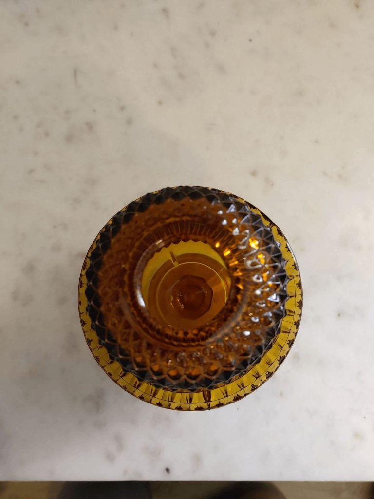 Amber glass dish viewed from above